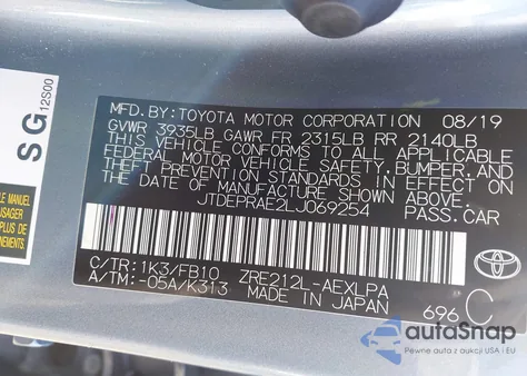 2020 Toyota Corolla Le из США, поврежденный, VIN JTDEPRAE2LJ069254